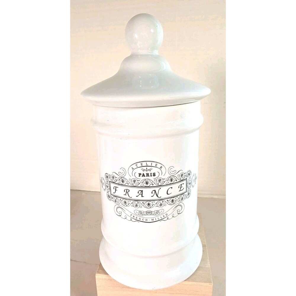 Atlier 8" Paris France French Milled Jar With Lid Black And White